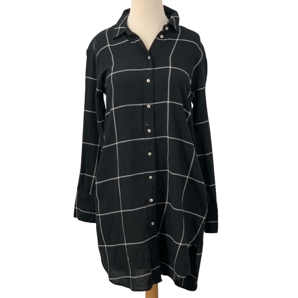 H&M Women's Long Sleeve Button Down Shirt Dress Black/White Plaid Size 8